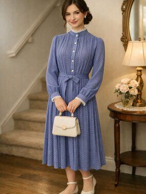 Vintage New Discoveries Blue Polka Dot Long Sleeve Dress embroidered trim Sz10